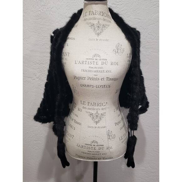 Preston & York Black Premiere Fur Minx Dress Overthrow Cape Wrap Fox Tail Edging - Picture 5 of 13